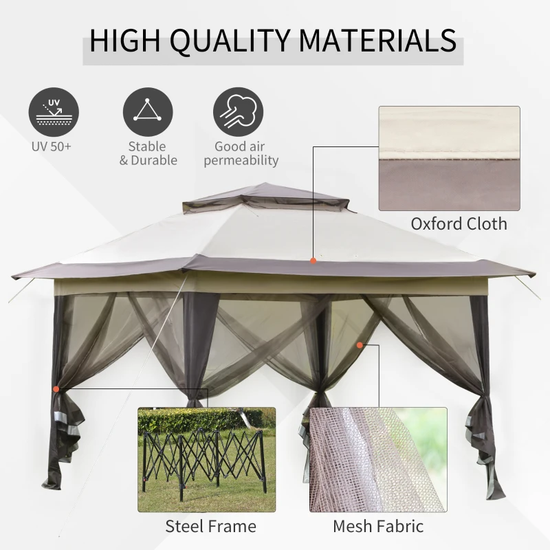 Outsunny 12' x 12' Foldable Pop-up Party Tent Instant Canopy Sun Shade Gazebo Shelter Steel Frame Oxford w/ Roller Bag, Khaki, Brown