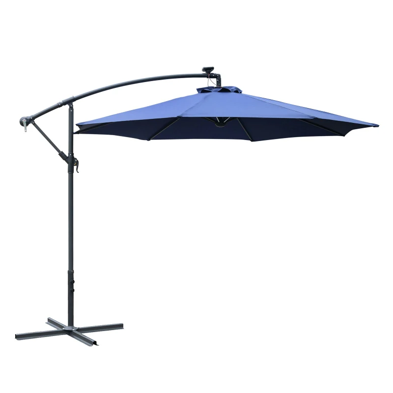 Outsunny 10ft Cantilever Solar Hanging Offset Umbrella Outdoor LED Lights Aluminum Market Banana Parasol Crank w/ Cross Base Garden Sun Shelter Blue