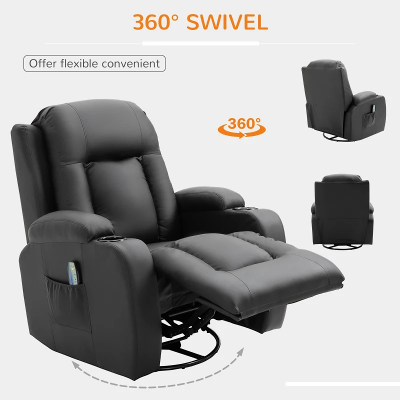 HOMCOM Luxury Faux Leather Heated Vibrating 8 Point Massage Recliner Chair with 360 Swivel and Remote, Black