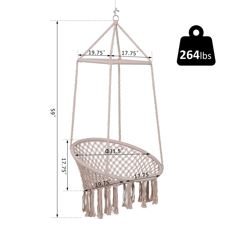 Outsunny Hanging Hammock Solid Single Swing Chair Indoor Outdoor Garden Braided Twisted Rope Reclining Sleeping Seat Beige