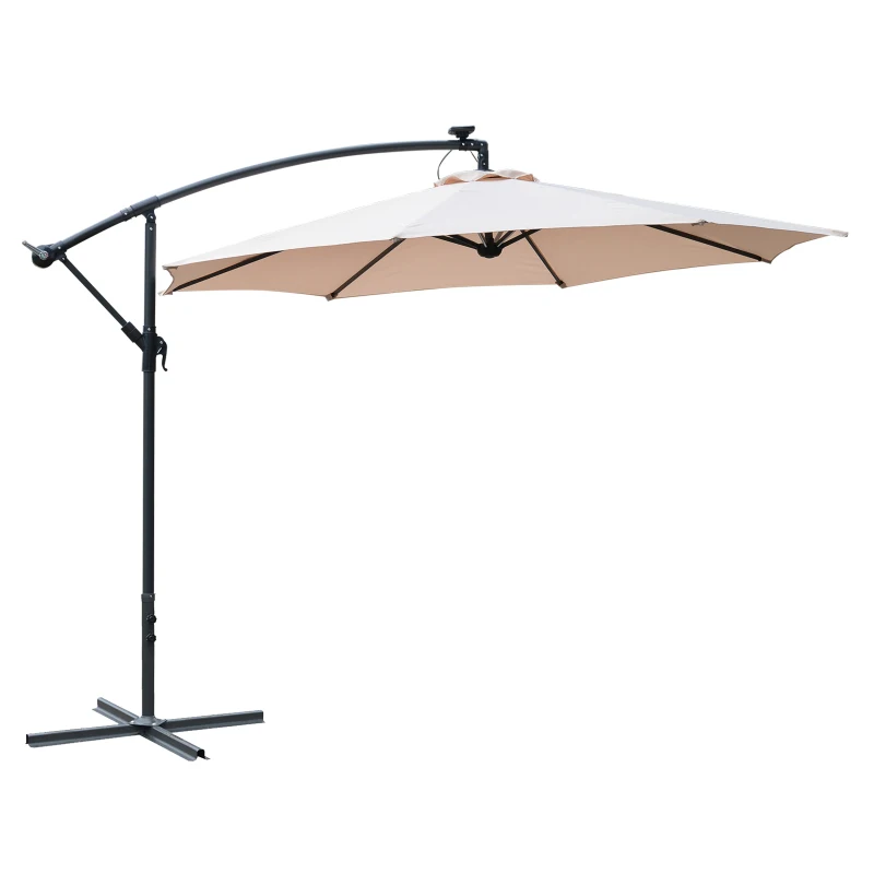 Outsunny 10ft Cantilever Solar Hanging Offset Umbrella Outdoor LED Lights Aluminum Market Banana Parasol Crank w/ Cross Base Garden Sun Shelter Beige