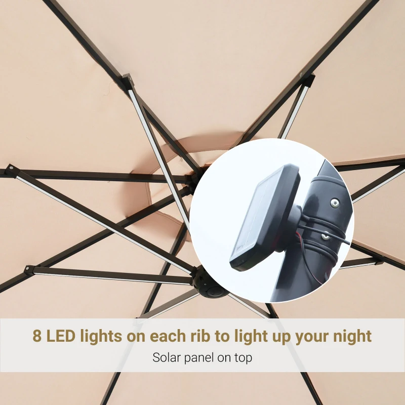 Outsunny 10ft Cantilever Solar Hanging Offset Umbrella Outdoor LED Lights Aluminum Market Banana Parasol Crank w/ Cross Base Garden Sun Shelter Beige