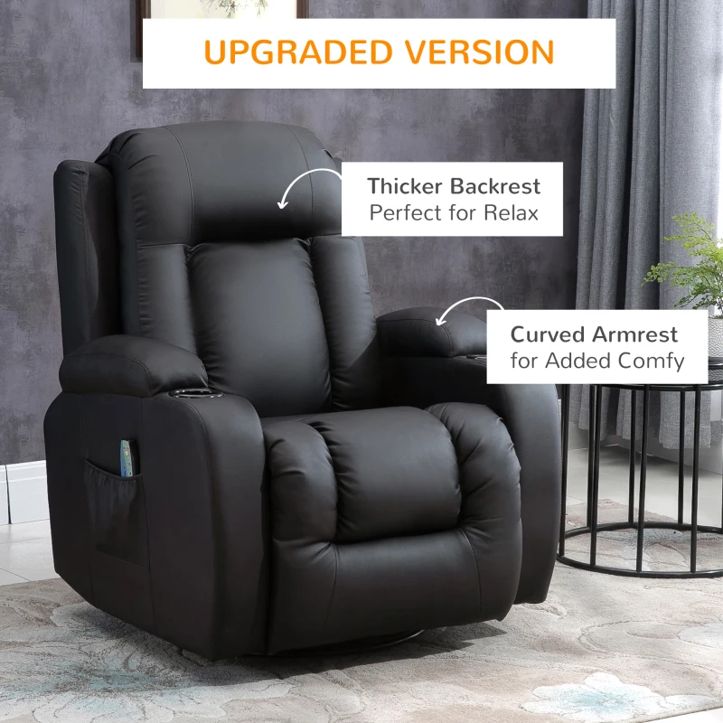 HOMCOM Luxury Faux Leather Heated Vibrating 8 Point Massage Recliner Chair with 360 Swivel and Remote, Black