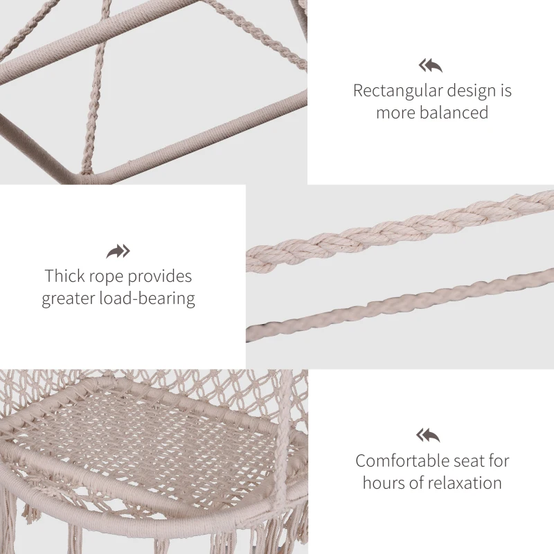 Outsunny Hanging Hammock Solid Single Swing Chair Indoor Outdoor Garden Braided Twisted Rope Reclining Sleeping Seat Beige