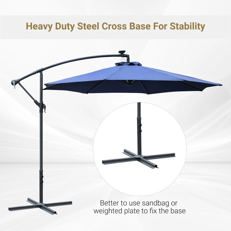 Outsunny 10ft Cantilever Solar Hanging Offset Umbrella Outdoor LED Lights Aluminum Market Banana Parasol Crank w/ Cross Base Garden Sun Shelter Blue
