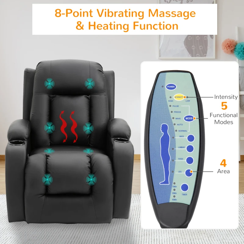 HOMCOM Luxury Faux Leather Heated Vibrating 8 Point Massage Recliner Chair with 360 Swivel and Remote, Black