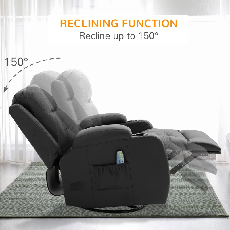 HOMCOM Luxury Faux Leather Heated Vibrating 8 Point Massage Recliner Chair with 360 Swivel and Remote, Black