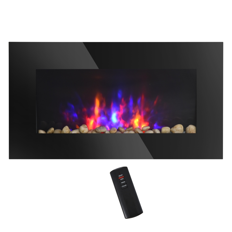 HOMCOM 28.5" 1500W Electric Wall-Mounted Fireplace with Flame Effect, 7 Color Background Light and Side Light - Black
