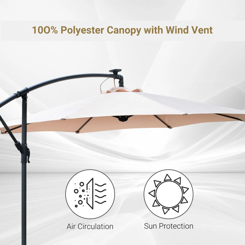 Outsunny 10ft Cantilever Solar Hanging Offset Umbrella Outdoor LED Lights Aluminum Market Banana Parasol Crank w/ Cross Base Garden Sun Shelter Beige