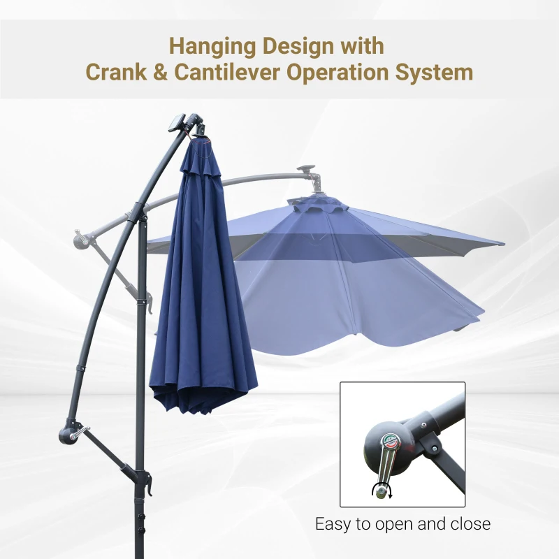 Outsunny 10ft Cantilever Solar Hanging Offset Umbrella Outdoor LED Lights Aluminum Market Banana Parasol Crank w/ Cross Base Garden Sun Shelter Blue