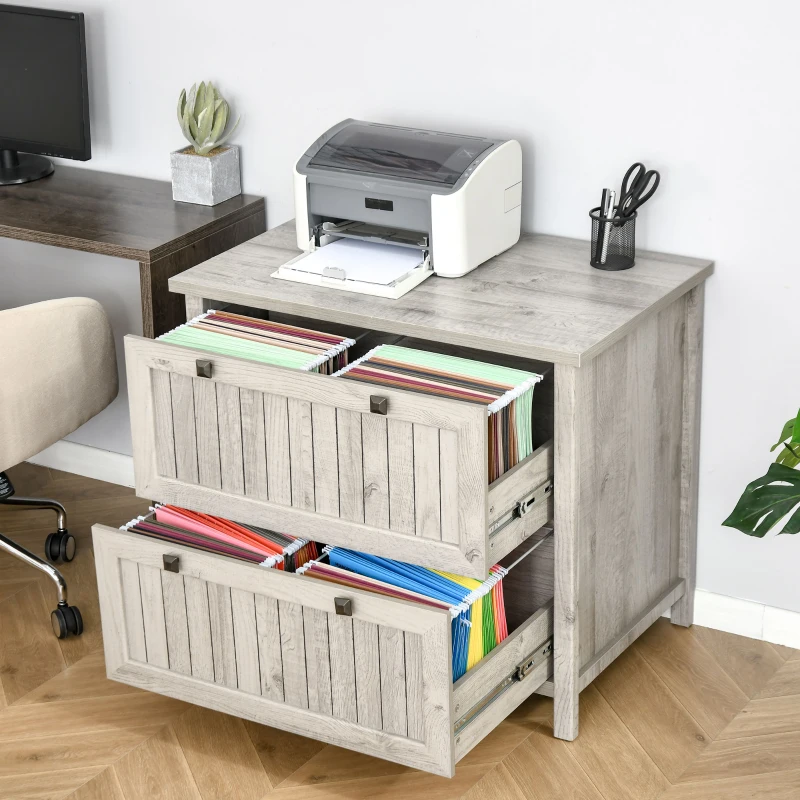 HOMCOM Retro Style 2-Drawer Lateral File Cabinet Chest with Hanging Bars, Wooden Documents Storage for Letter/Legal Size, Grey