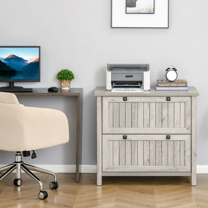 HOMCOM Retro Style 2-Drawer Lateral File Cabinet Chest with Hanging Bars, Wooden Documents Storage for Letter/Legal Size, Grey