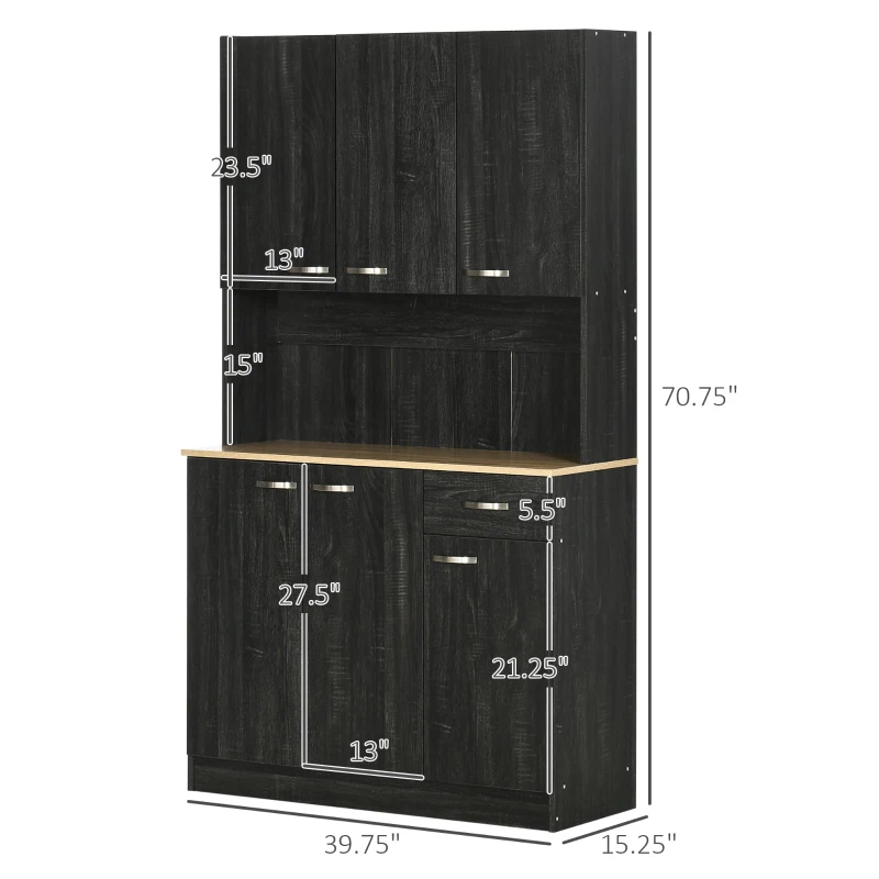 HOMCOM 71" Modern Buffet with Hutch, Standing Kitchen Hutch with Storage Cabinets, Drawer, Open Space with Microwave Stand, Black