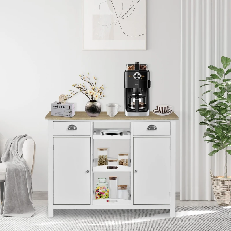 HOMCOM Wooden Storage Sideboard, Buffet Cabinet with Shelf, Wine Rack, 2 Drawers, White/Oak