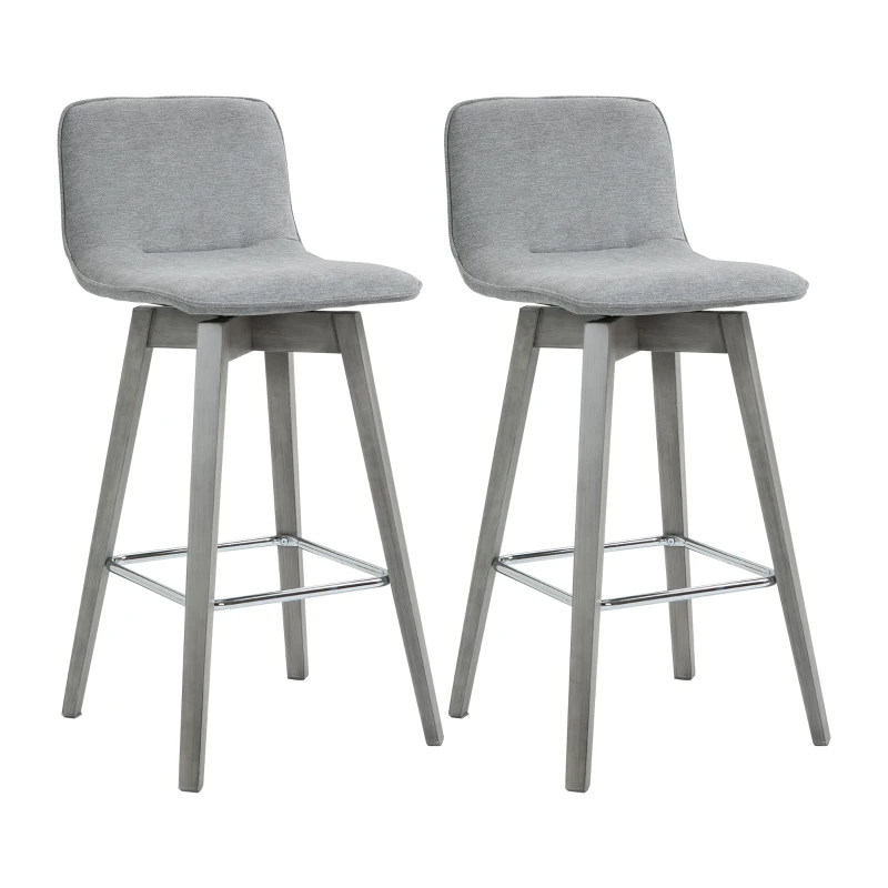 HOMCOM Swivel Bar Stools Set of 2, Counter Height Barstools Linen Fabric Padded Chair with 26.5" Seat Height and Footrest, Grey