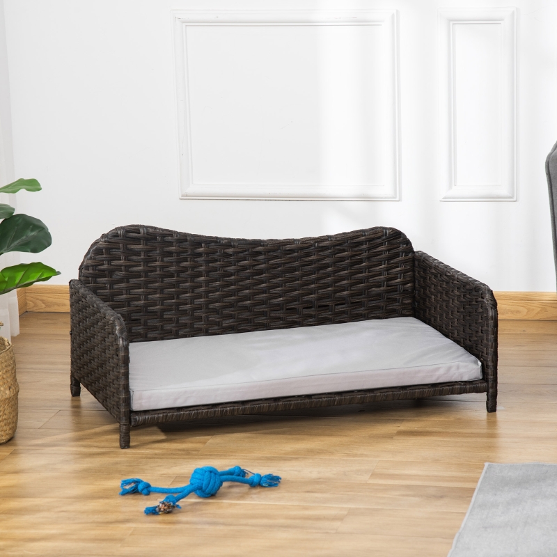 PawHut Rattan Pet Sofa, Raised Wicker Dog Bed, Cat Couch, with Soft Washable Cushion Indoor & Outdoor for Small & Medium Dog, Charcoal Grey