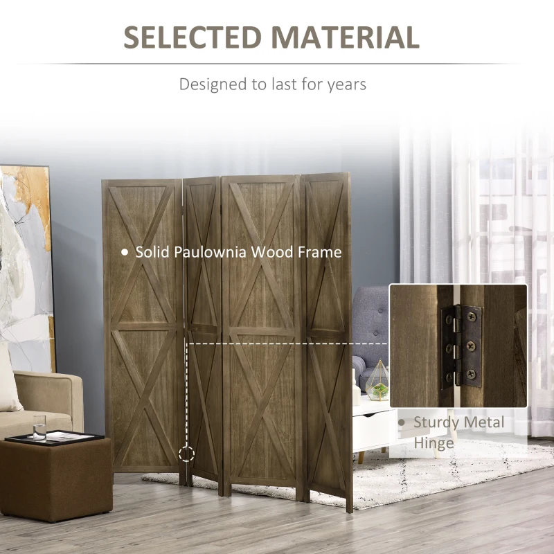 HOMCOM 4 Panel Folding Room Divider, 5.5ft Tall Freestanding Paulownia Wood Wall Divider Panels for Indoor Bedroom Office, Brown