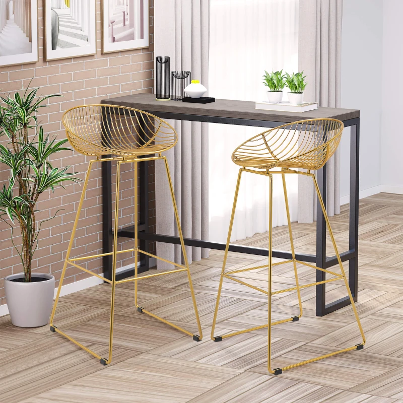 HOMCOM Modern Bar Stools Set of 2, Bar Height Barstools, 29.5" Seat Height Bar Chairs for Kitchen, Pub with Backrest and Footrest, Steel Frame, Gold