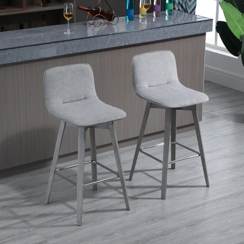 HOMCOM Swivel Bar Stools Set of 2, Counter Height Barstools Linen Fabric Padded Chair with 26.5" Seat Height and Footrest, Grey