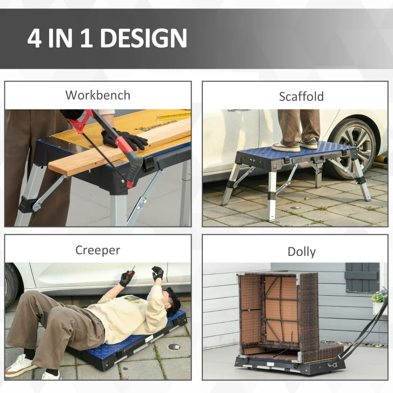 DURHAND 4 in 1 Portable Workbench, Folding Work Table, Scaffold, Dolly and Creeper with Adjustable Height and Reversible Top