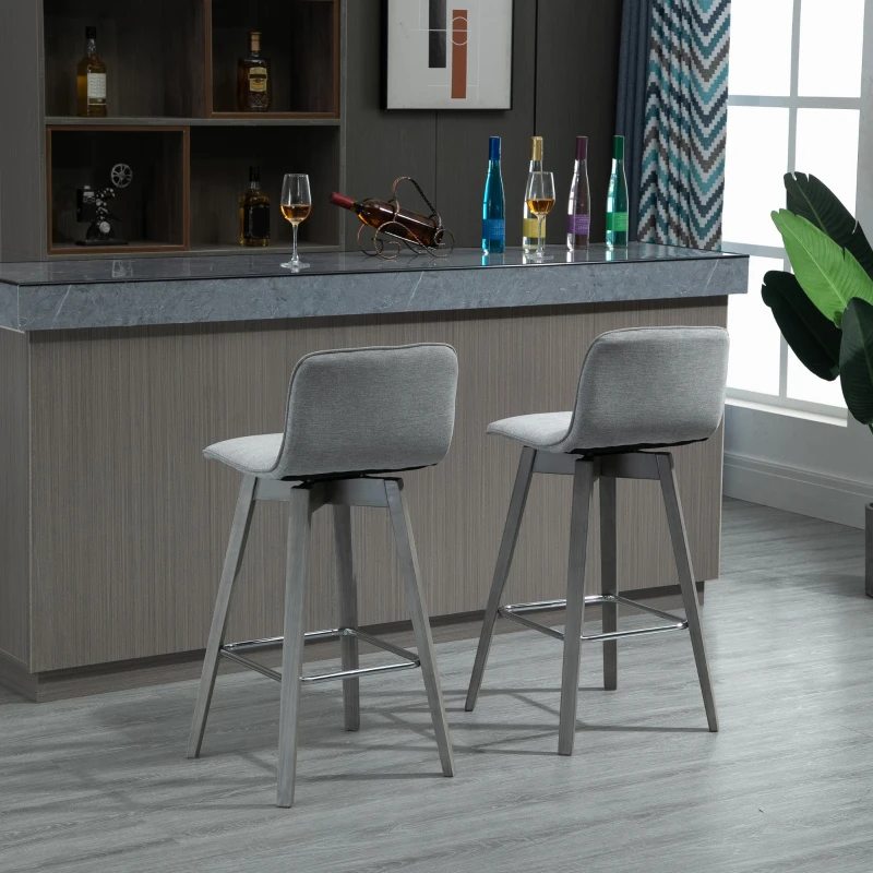 HOMCOM Swivel Bar Stools Set of 2, Counter Height Barstools Linen Fabric Padded Chair with 26.5" Seat Height and Footrest, Grey
