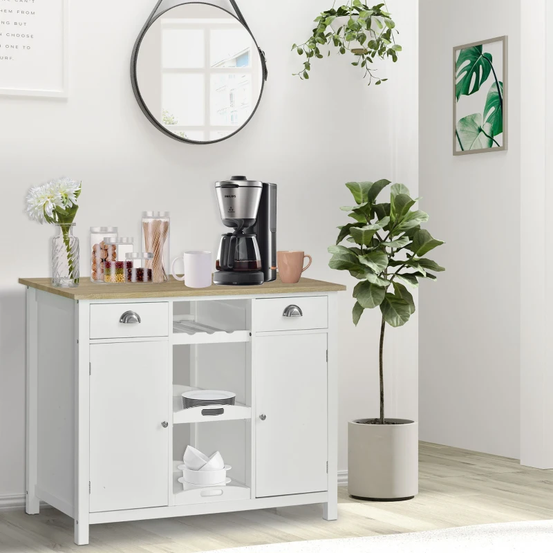 HOMCOM Wooden Storage Sideboard, Buffet Cabinet with Shelf, Wine Rack, 2 Drawers, White/Oak