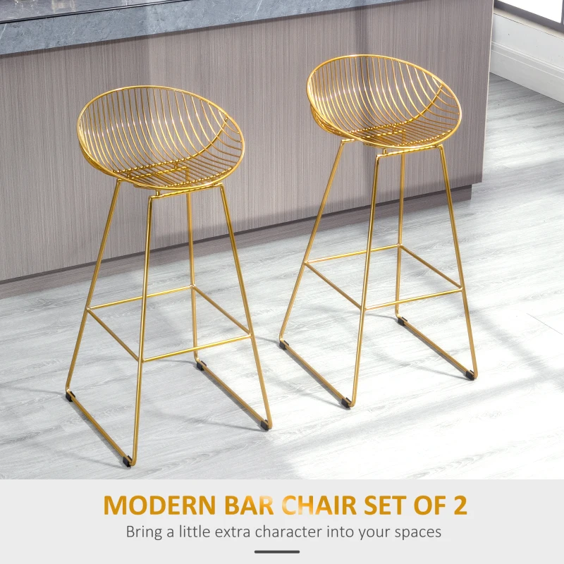 HOMCOM Modern Bar Stools Set of 2, Bar Height Barstools, 29.5" Seat Height Bar Chairs for Kitchen, Pub with Backrest and Footrest, Steel Frame, Gold