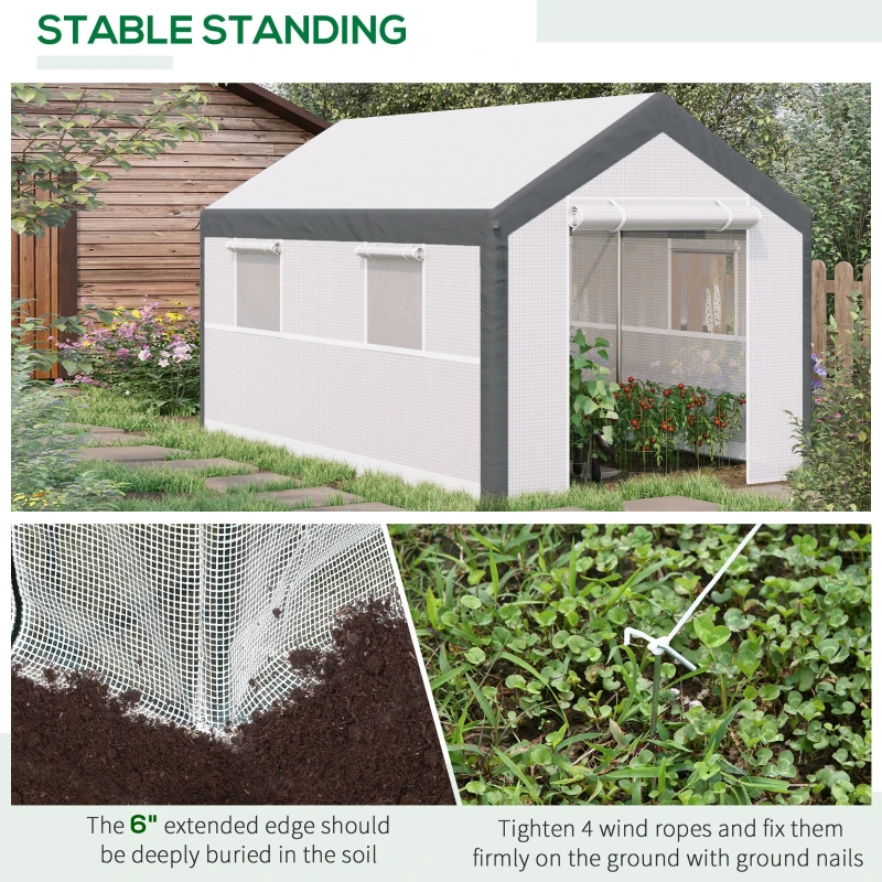 Outsunny 12' x 7' x 7' Greenhouse, Walk-in Outdoor Tunnel Green House with PE Cover, Steel Frame, 2 Roll-Up Zipper Doors & 4 Windows for Flowers, Vegetables, Tropical Plants, White/Dark Gray