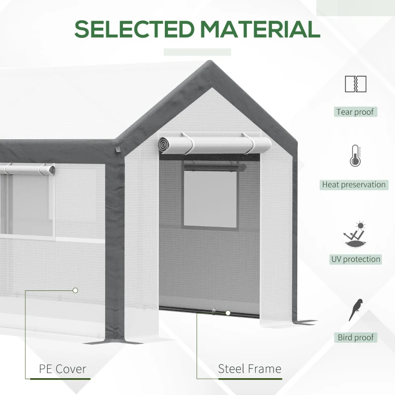 Outsunny 12' x 7' x 7' Greenhouse, Walk-in Outdoor Tunnel Green House with PE Cover, Steel Frame, 2 Roll-Up Zipper Doors & 4 Windows for Flowers, Vegetables, Tropical Plants, White/Dark Gray