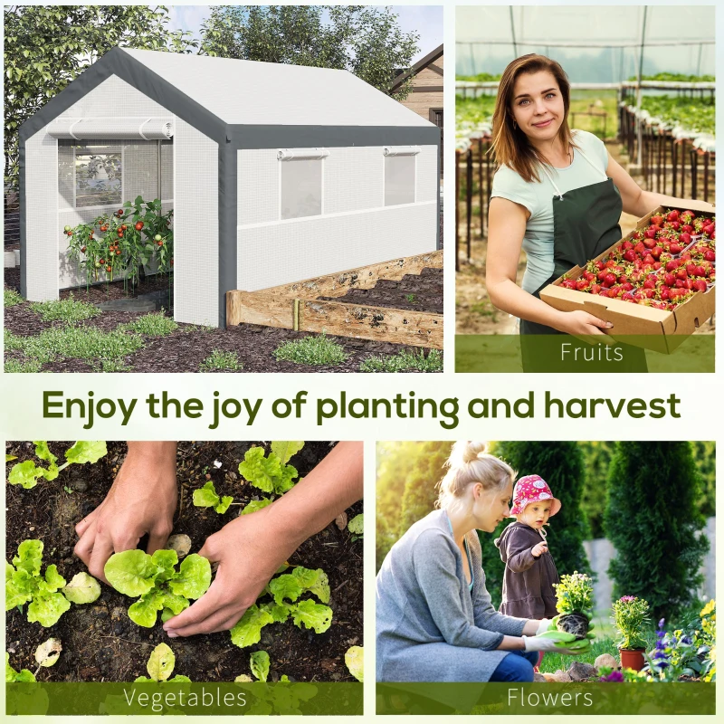 Outsunny 12' x 7' x 7' Greenhouse, Walk-in Outdoor Tunnel Green House with PE Cover, Steel Frame, 2 Roll-Up Zipper Doors & 4 Windows for Flowers, Vegetables, Tropical Plants, White/Dark Gray
