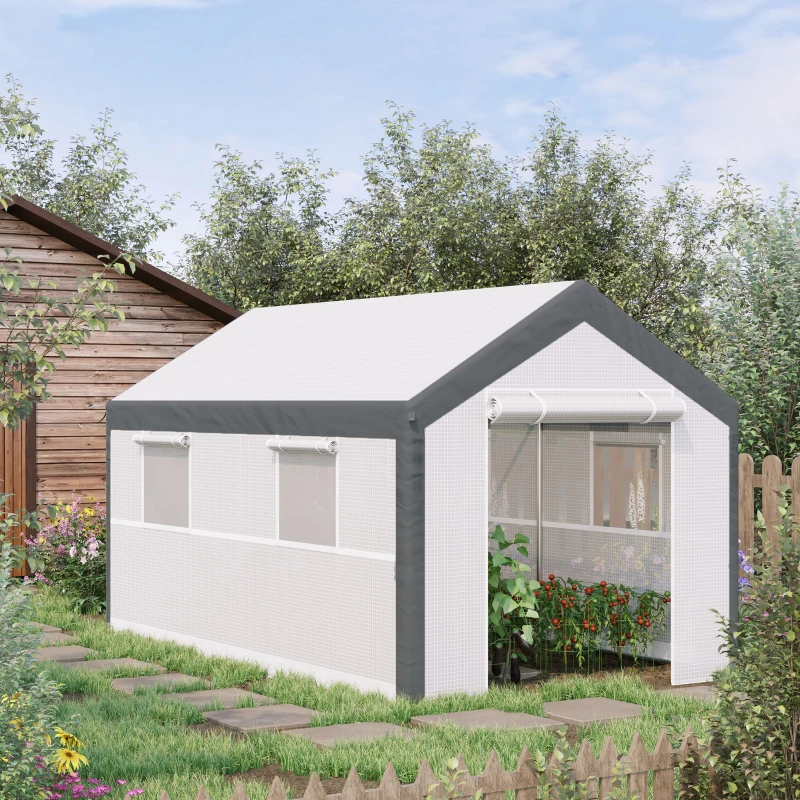 Outsunny 12' x 7' x 7' Greenhouse, Walk-in Outdoor Tunnel Green House with PE Cover, Steel Frame, 2 Roll-Up Zipper Doors & 4 Windows for Flowers, Vegetables, Tropical Plants, White/Dark Gray