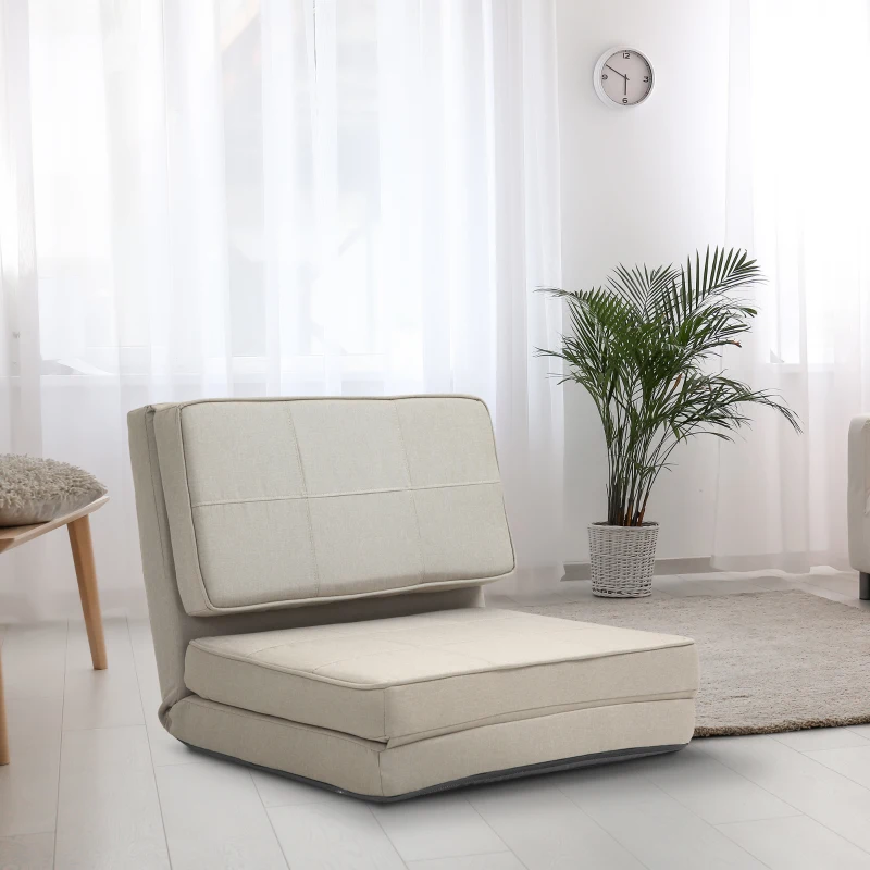 HOMCOM Convertible Flip Chair, Folding Upholstered Floor Sofa, Adjustable Guest Chaise Lounge, Dorm Bed with Metal Frame for Living Room and Bedroom, Gream White