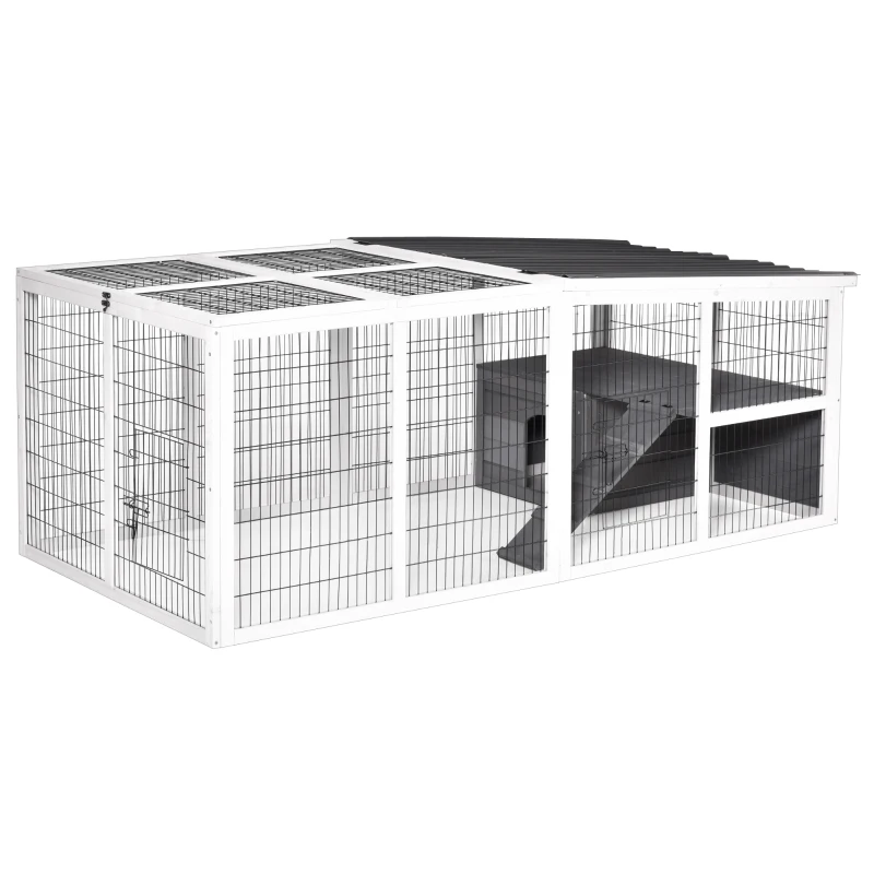 Pawhut Rabbit Hutch Duck Cage with Large Run Wooden Small Animal Cage Bunny House Tortoise Enclosure Indoor/Outdoor with Hinge roof and Water-Repellent Paint, Grey