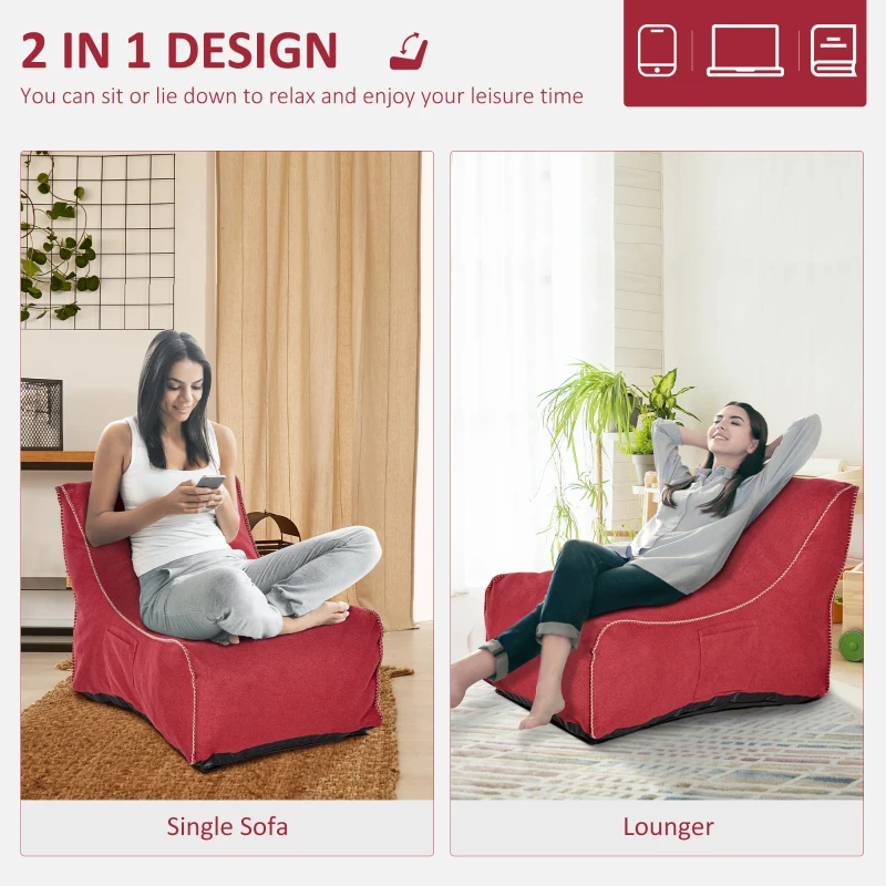 HOMCOM Bean Bag Chair, Stuffed Large Lounger for Indoors, Includes Washable Cover, Side Pockets and Backrest, for Kids and Adults, Wine Red