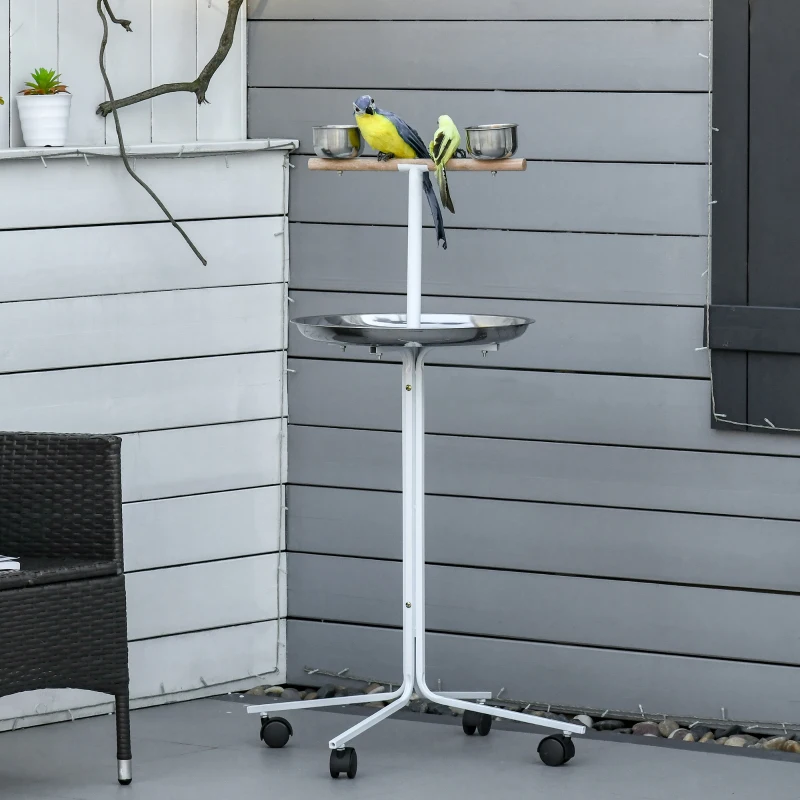 PawHut Rolling Parrot Stand with Lightweight Design, Metal Bird Stand with Wheels, Wooden Parrot Perch Stand, Stainless Steel Bird Food Bowls, Pure White
