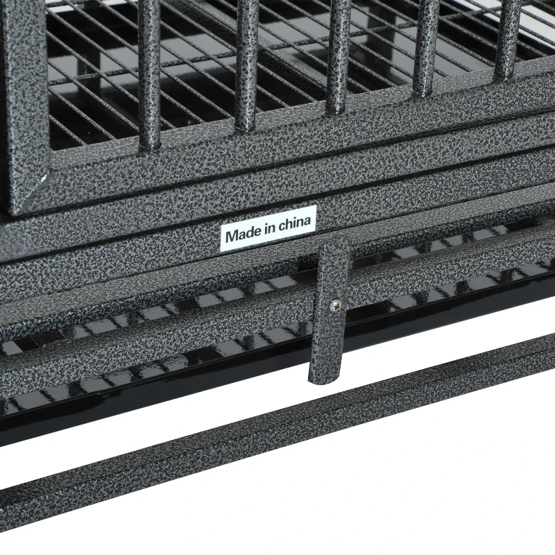 PawHut 36" Heavy Duty Dog Crate Metal Cage Kennel with Lockable Wheels, Double Door and Removable Tray, Gray