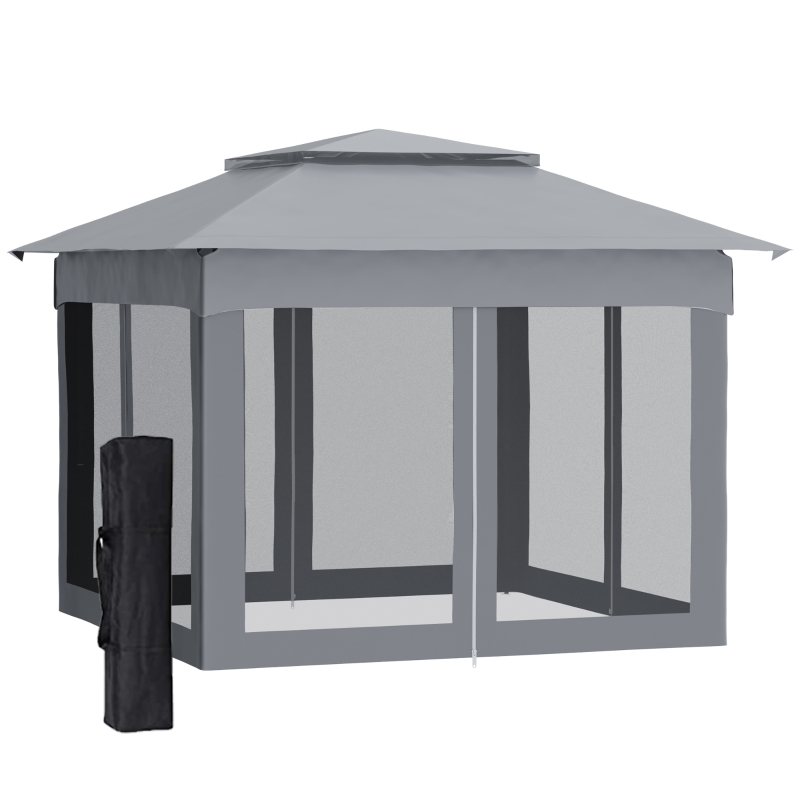 Outsunny 11' x 11' Pop Up Gazebo Outdoor Canopy Shelter with 2-Tier Soft Top, and Removable Zipper Netting, Event Tent with Large Shade, and Storage Bag for Patio, Backyard, Garden, Grey