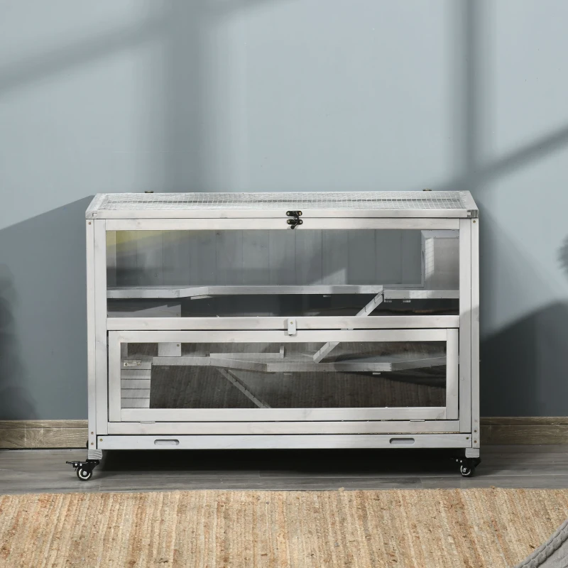 PawHut 3-Tier Wooden Hamster Cage, Small Animals Hutch with Ladders, Light Grey