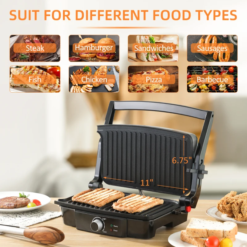 HOMCOM 4 Slice Panini Press Grill, Stainless Steel Sandwich Maker with Non-Stick Double Plates, Locking Lids and Drip Tray, Opens 180 Degrees to Fit Any Type or Size of Food 13"x10.25"x4.75"