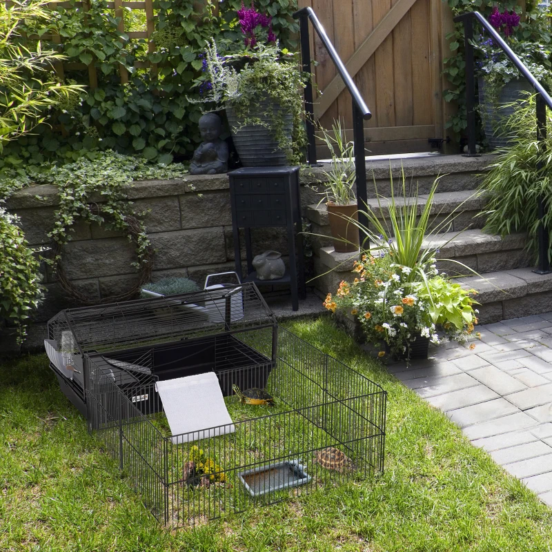 PawHut Rolling Metal Rabbit, Guinea Pig, or Small Animal Hutch Cage with Main House and Run
