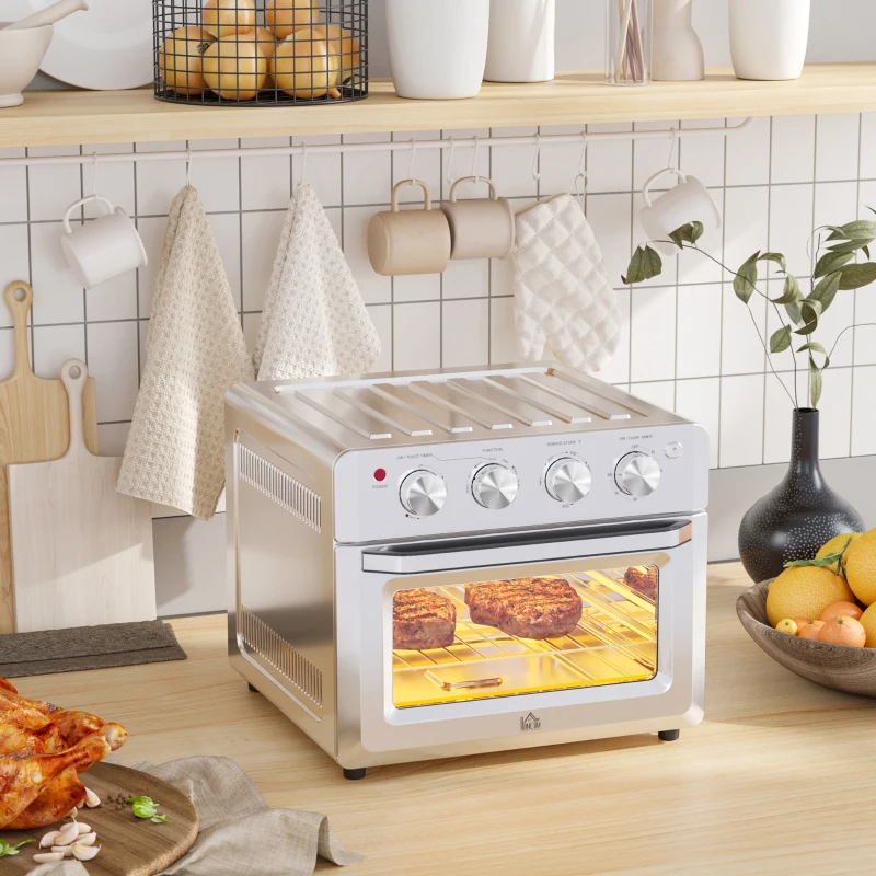 HOMCOM 7-in-1 Toaster Oven, 21 Qt 4-Slice Convection Oven with Warm, Broil, Toast, Bake Air Fryer Setting 60min Timer, Adjustable Thermostat, 3 Crust Shades, and 4 Accessories 1550W for Countertop