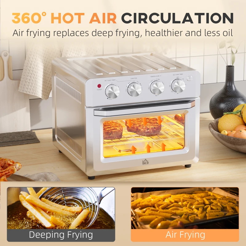 HOMCOM 7-in-1 Toaster Oven, 21 Qt 4-Slice Convection Oven with Warm, Broil, Toast, Bake Air Fryer Setting 60min Timer, Adjustable Thermostat, 3 Crust Shades, and 4 Accessories 1550W for Countertop