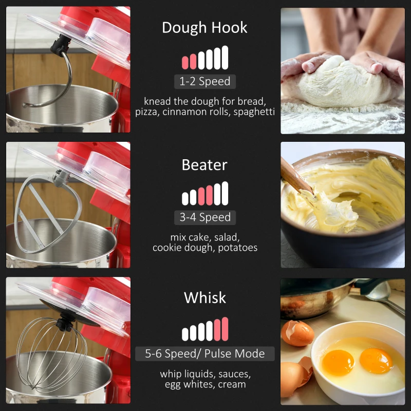 HOMCOM Stand Mixer with 6+1P Speed, 600W Tilt Head Kitchen Electric Mixer with 6 Qt Stainless Steel Mixing Bowl, Beater, Dough Hook and Splash Guard for Baking Bread, Cakes, and Cookies, Red