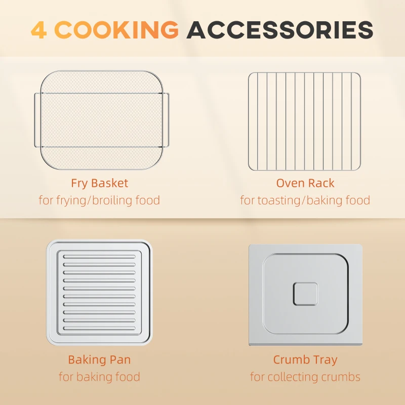 HOMCOM 7-in-1 Toaster Oven, 21 Qt 4-Slice Convection Oven with Warm, Broil, Toast, Bake Air Fryer Setting 60min Timer, Adjustable Thermostat, 3 Crust Shades, and 4 Accessories 1550W for Countertop
