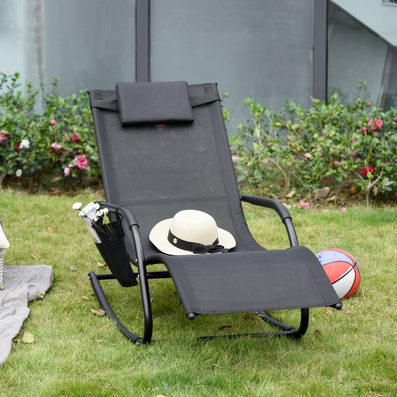 Outsunny Outdoor Rocking Recliner, Sling Sun Lounger with Removable Headrest and Side Pocket for Garden, Patio and Deck, Black