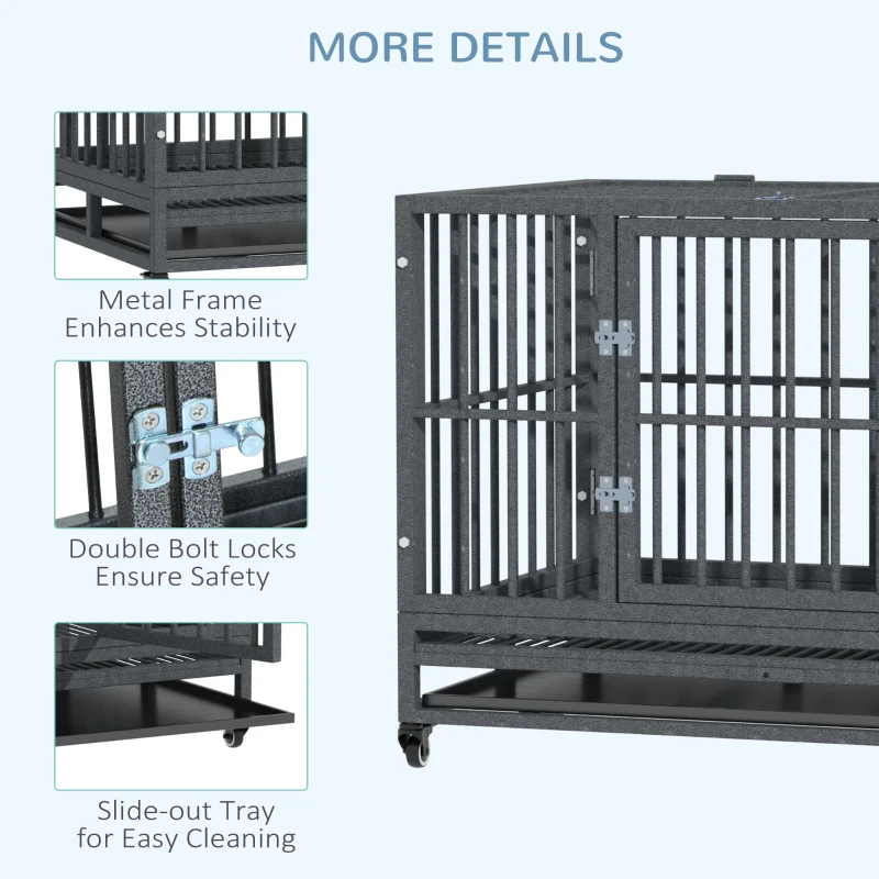 PawHut 36" Heavy Duty Dog Crate Metal Cage Kennel with Lockable Wheels, Double Door and Removable Tray, Gray
