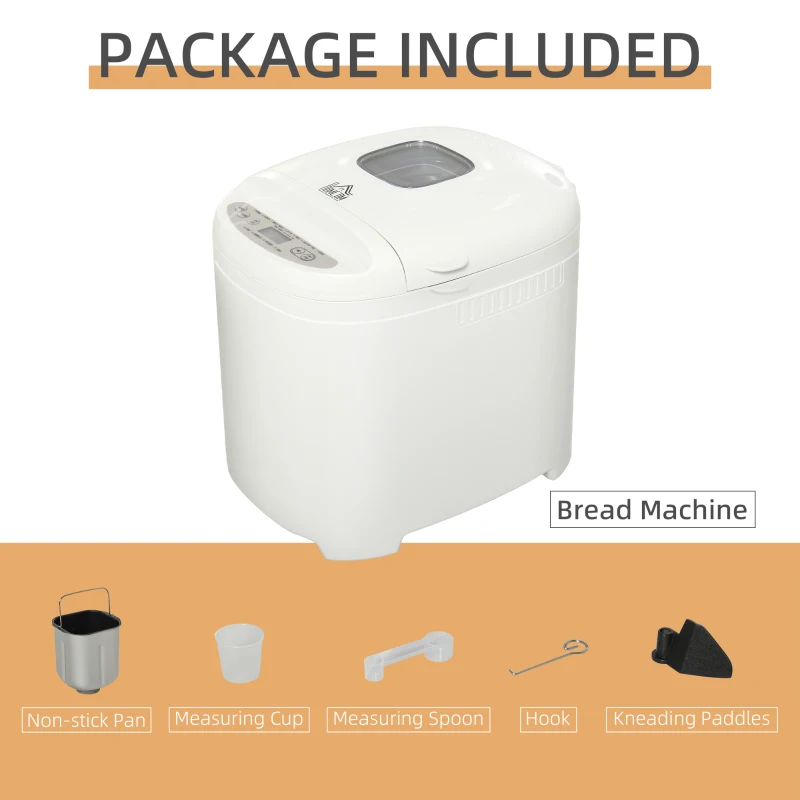 HOMCOM 2Lb Bread Maker, Non-Stick Bread Machine with Gluten Free Setting, 11 Menu, 2 Loaf Sizes, 3 Crust Colors, 13h Delay Timer, 1h Warming Function, 500W