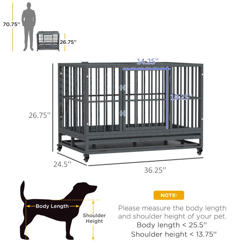 PawHut 36" Heavy Duty Dog Crate Metal Cage Kennel with Lockable Wheels, Double Door and Removable Tray, Gray