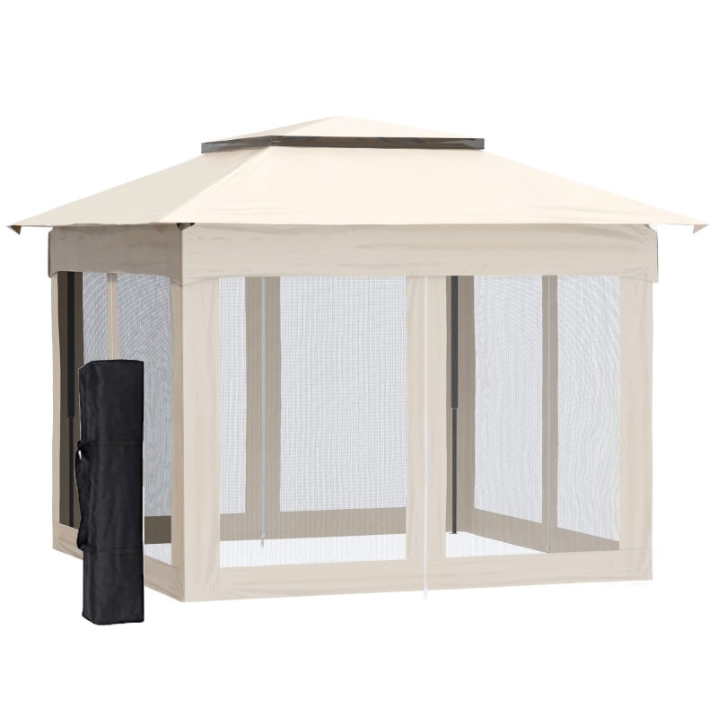 Outsunny 11' x 11' Pop Up Gazebo Outdoor Canopy Shelter with 2-Tier Soft Top, and Removable Zipper Netting, Event Tent with Large Shade, and Storage Bag for Patio, Backyard, Garden, Beige