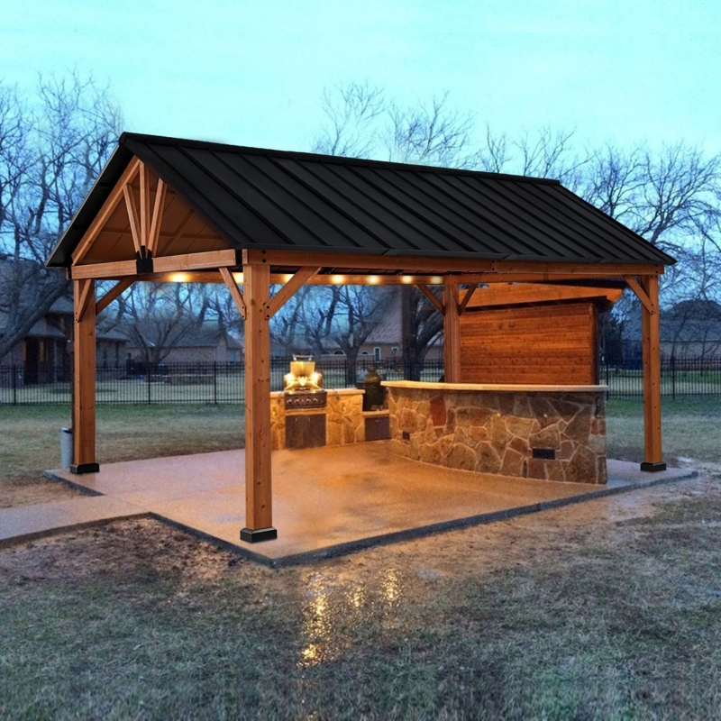 Outsunny 13' x 11' Wooden Gazebo Canopy Outdoor Sun Shade Shelter w/ Steel Roof, Solid Wood, Black & Natural